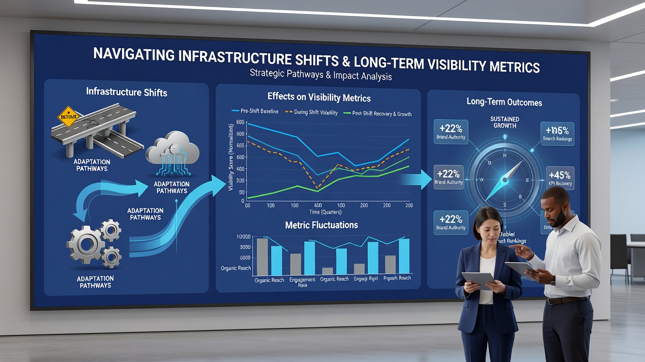 Chart showing trends in organic visibility metrics before and after infrastructure changes across multiple website case examples